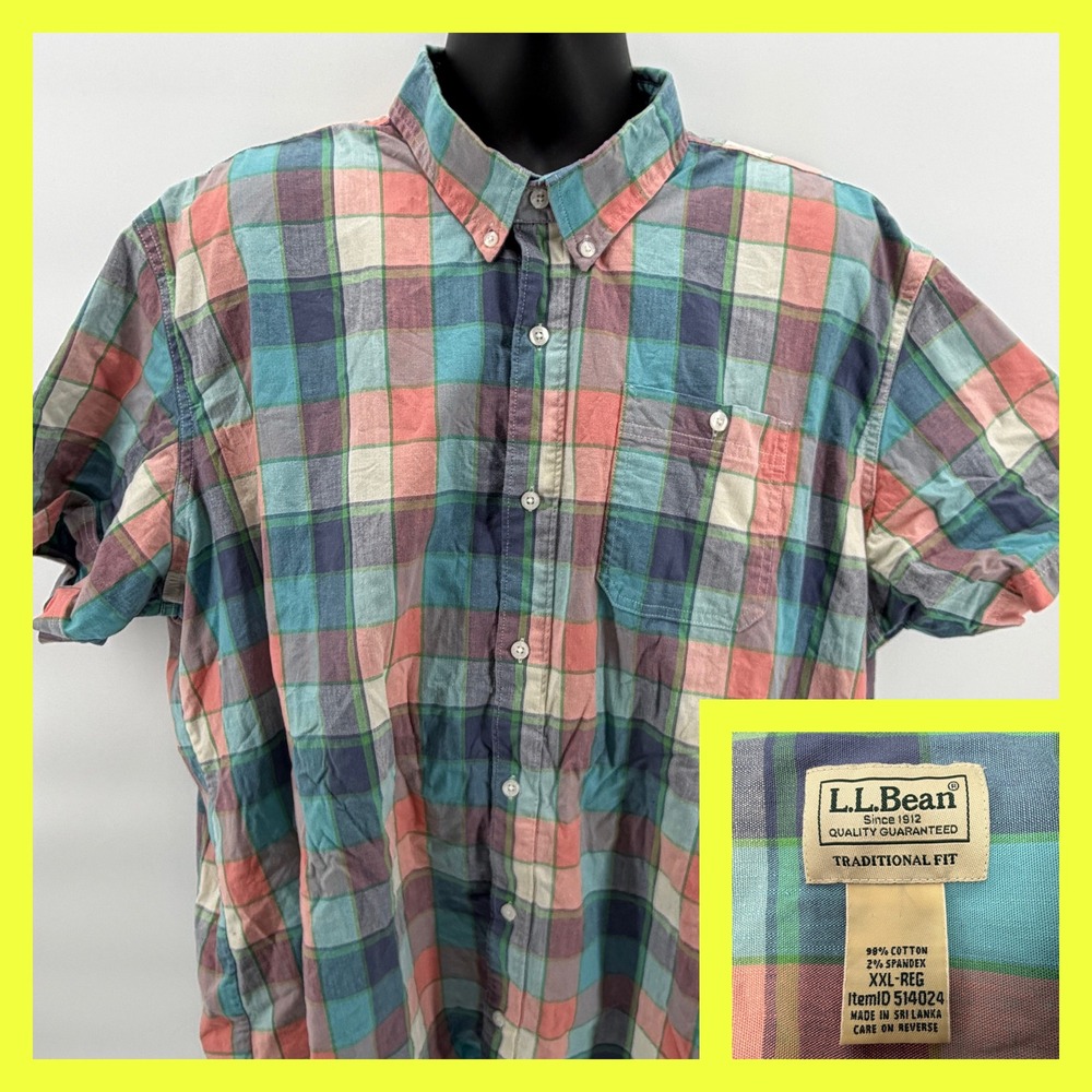 L.L. Bean Shirt Mens XXL Regular Madras‎ Plaid Button Down Short Sleeve Cotton